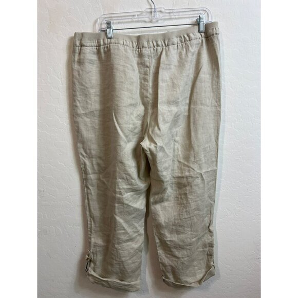 Ellen Tracy Sz L Beige 100% Linen Pants Roll Cuff Gold Buckle - Picture 6 of 9